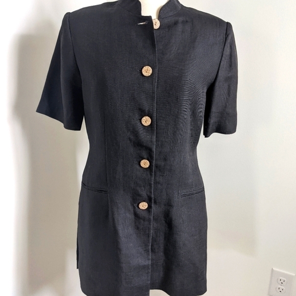 VINTAGE Black Linen Long Jacket wood buttons 8 - Picture 1 of 9